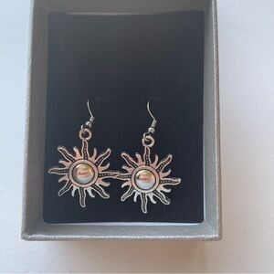 Boho Sunburst Drop Dangle Earrings, Silver Sun, Fish Hook